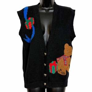 Vtg 90s Sharon Young Christmas Sweater Vest Teddy Bear Faux Suede Applique S